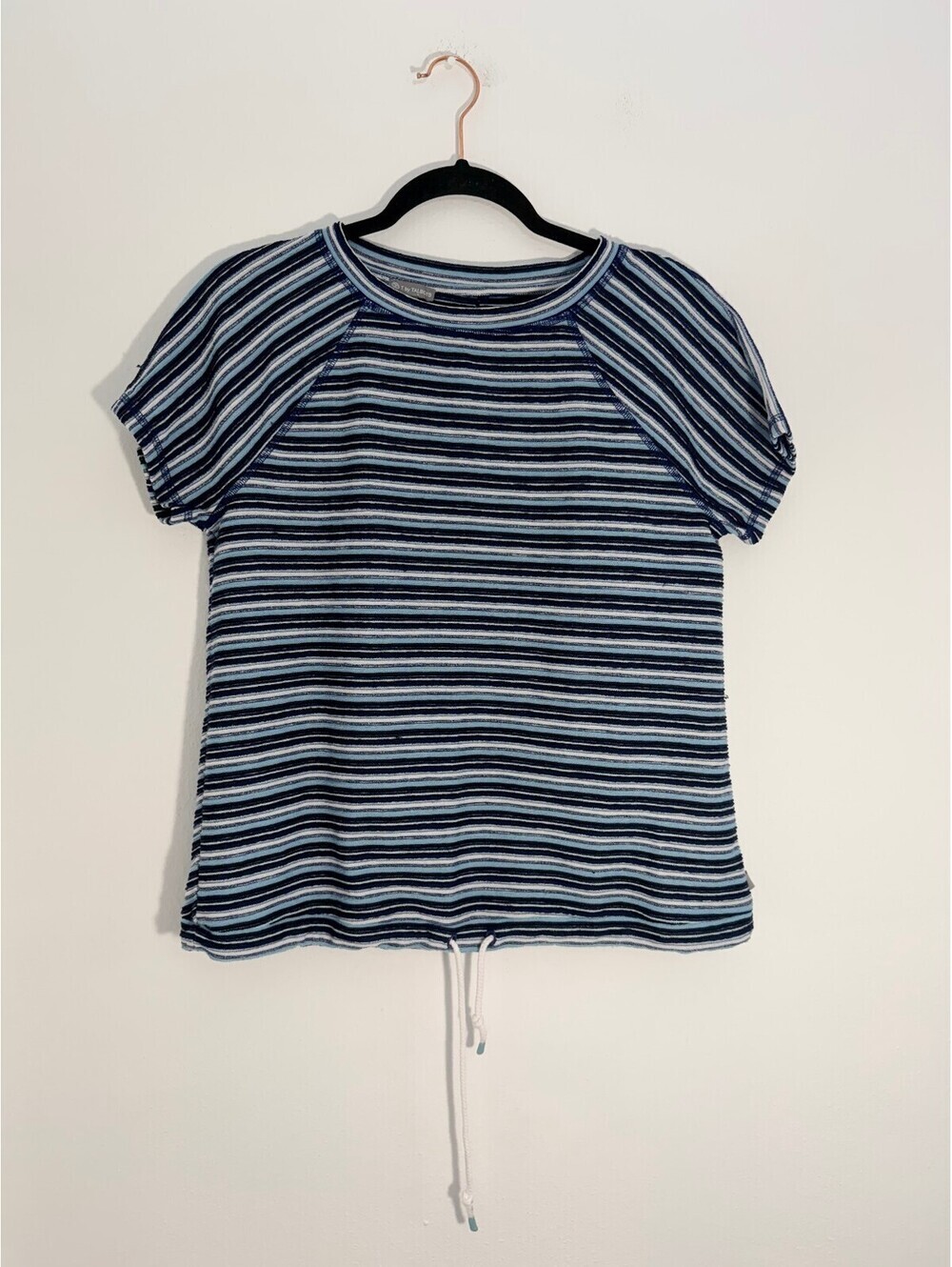 T by Talbots Blue Striped Drawstring Hem Short Sleeve Top MP Medium Petite